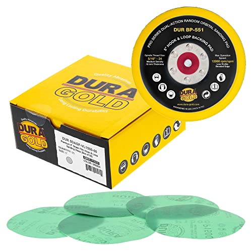 Dura -Gold 5 Зелен филм ПСА дискови за пескарење - 1500 решетки и 5 кука и јамка DA Sander Подлога за плоча за поддршка