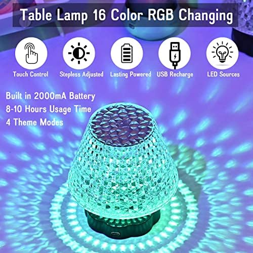 Кристална Столна Ламба 16 Бои Со Контрола На Допир, LED Dimmable RGB 4 Режим Роза Дијамант Акрилик Ноќно Светло За Спална соба, Дневна