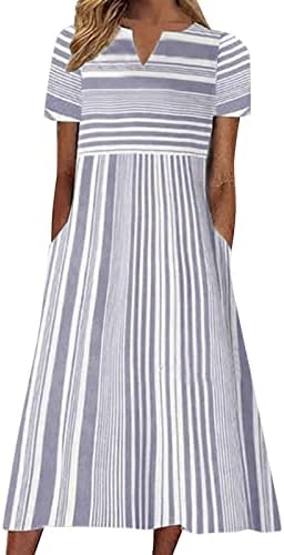 ADHOWBEW Женски Мода Цветни Краток Ракав Круг Вратот Миди Фустан Со Џебови Плус Големина