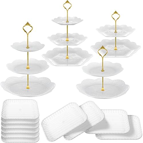 14 парчиња нивоа со кеккејк штанд сет злато 2-ниво 3-нивоата за сервирање на белата табла за кула со тркалезни права за храна, кои служат