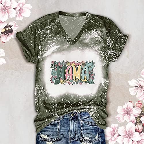 Среќна маица за Денот на мајката, жени цветни мама буква печати врвови, случајни кратки ракави V вратот изветвени кошули блуза