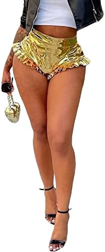 Bornpomенски жени секси жешки панталони сјајни метални шорцеви руфла со високи половини за танцување тенок вклопувачки клуб топли панталони