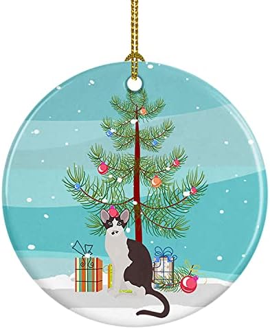 Богатства на Каролина CK4782CO1 Ориентална биколорна мачка весела Божиќен керамички украс, украси за новогодишни елки, виси украс за Божиќ,