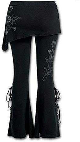 Женски ретро чипка нагоре поделен bellвонче на дното тексас панталони црни фармерки тенок цветни везени долги панталони со џан