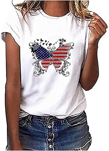 Женски графички маички американски знамиња летни модни екипи на екипажот на маицата Ден на независност на врвот на блузата со краток ракав