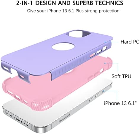 Телесој iPhone 13 кутија, iPhone 13 Телефонски случај со двојни слоеви со тешки сили хибриден тврд компјутер мек TPU браник шок -изобилен