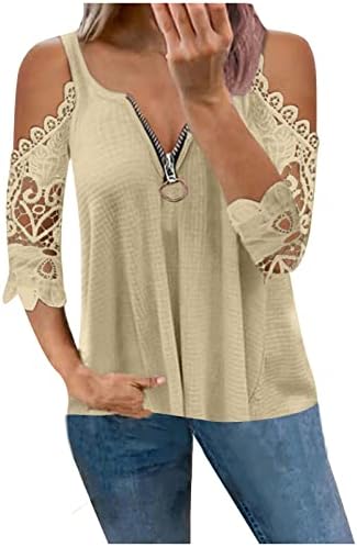 Летни врвови за туника за жени ладно рамо ZIP V вратот маица чипка шупливи ракави блузи модни обични кошули