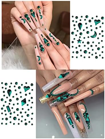 Ебанку зелена нокти рингестонс Емералдски камења за нокти од мешавина во облик на рамен нокти Кристали Дијаманти за нокти, тркалезни starвезди