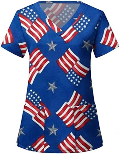 4 јули Маица За Жени Американско Знаме Летна Маица Со Кратки Ракави Со Врат Со 2 Џебови Блузи Празнична Секојдневна Работна Облека