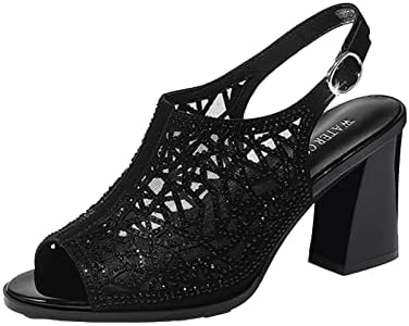 Сандали на женски ринестони 2023 Моден бучен блок со високи потпетици, отворени пети сандали Исечени мрежни лизгања на сандали