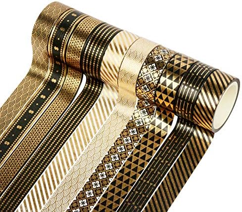 Veylin 10roll луксузна црна златна лента за миење садови, 15мм златна фолија Декоративна лента за завиткување на подароци за тетратка DIY