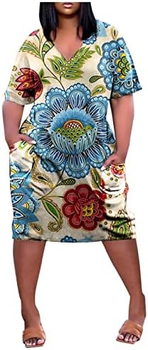 Dopocq плус големина фустан за жени лето v вратот краток ракав печатен фустан случајна лабава плажа vdress со џебови