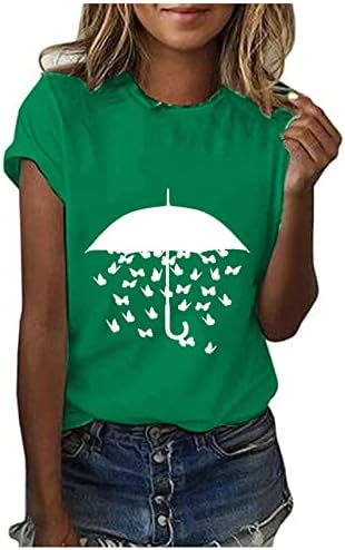 Зелени кошули за жени 2023 ретро графички блузи слатки кошули со пеперутки кратки ракави екипаж лабави летни врвови