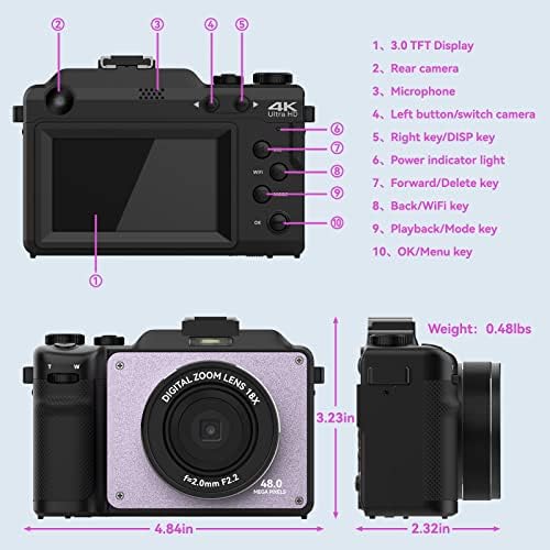 Oiexi 48MP камера за фотографија, 4K дигитална камера за деца и возрасни со предни и задни двојни фотоапарати, дигитален зум од 18x,