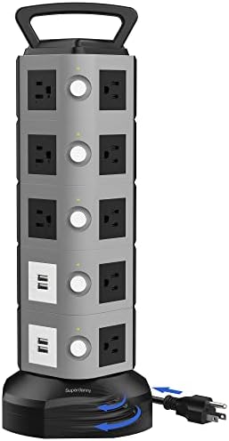 SuperDanny Surge Protector Power Strip Tower 3000W 13A 18 Outlet & 4.2A 4 USB порти 6,5ft Продолжувачки кабел за полнење станица 900