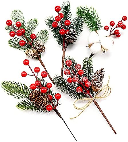 12 парчиња вештачки Божиќни избори за украси на новогодишни елки собрани холи стебла со борови конуси и бобинки, 32,8ft jute twine