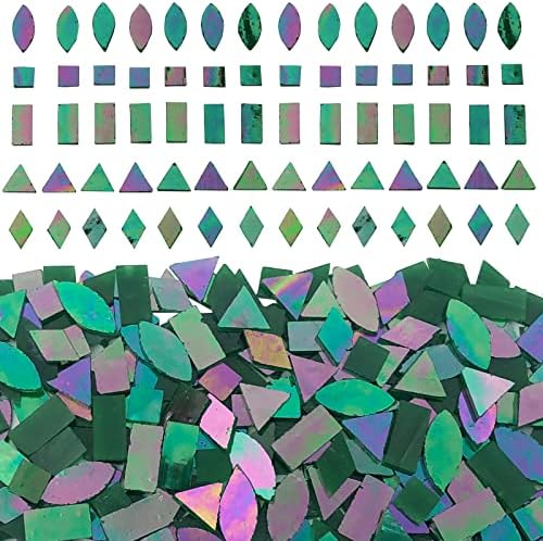 Litmind iridescent стакло мозаични плочки за занаети, 240 парчиња 5 форми мешани зелени стаклени листови, мозаични комплети за возрасни
