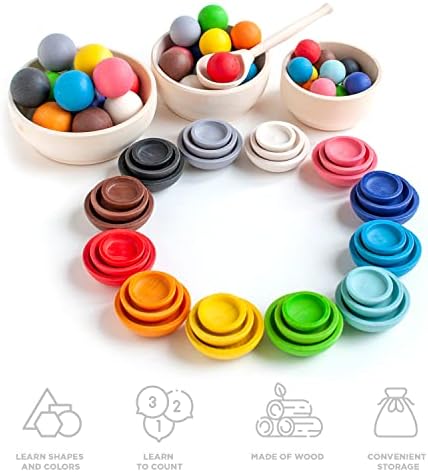 Уланик бои и големини Монтесори играчка Дрвена сортер игра 36 топки Возраст 1+ Сортирање на боја и броење на образование за учење во предучилишна