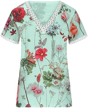 Флорални врвови за печатење за жени Boho чипка капчиња трим v вратот маички лето кратки ракави кошула обични лабави лабави лакови