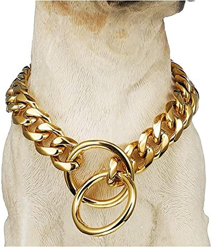 Bmusdog ланец кучиња јака 18K златен кубански врски ланец од не'рѓосувачки челик метални врски 10мм тешка обука за обука за одење јака за мали