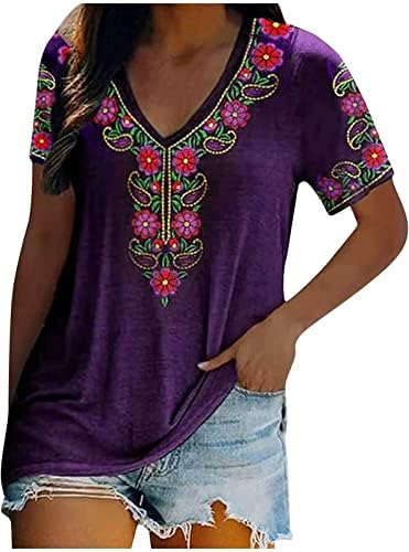 Мексикански мексикански кошули со кратки ракави за жени цветни везени лабави врвови етнички стил бохо маици