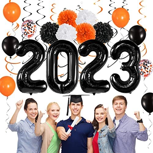 Самиот Комплет За Украсување Забави за Дипломирање 2023 година, 40 Инчни Црни Балони Од Фолија 2023 Портокалова Црна Висечка Вител