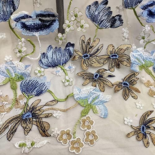 51 Широка прекрасна цветна везена ткаенина од чипка, кафеава мрежа од чипка со морнарица со сина и кафеава везена цвеќиња, чипка