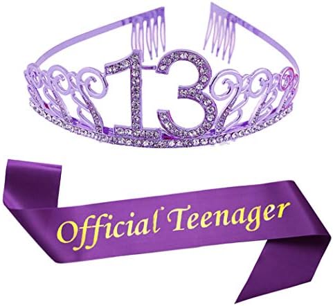 13 -ти роденден Виолетова Тијара и Саш сјај Сатен Саш и Кристал Ринестон Тијара Круна за среќна 13 -та роденденска забава, залага за украси 13