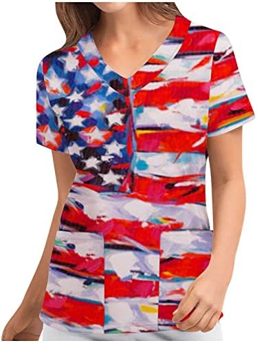 Scrubs_Tops За Жени Американско Знаме Печатење Маица Гроздобер Краток Ракав Денот На Независноста Патриотски Врвови