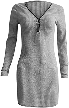 Women'sенски плетени фустани случајни чиста боја волна здолниште патент половината со долги ракави плетени фустани за колкови