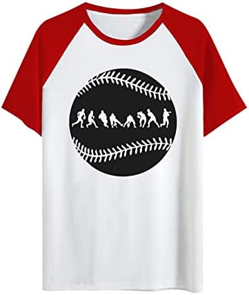 Женски бејзбол раглан во боја блок маици летни смешни графички кратки ракави со тркалезни врат-тимови обични лабави врвови