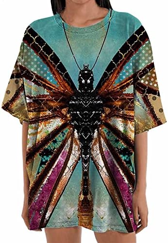 Гроздобер пеперутка печатени кошули за жени летни врвови со кратки ракави екипаж на вратот на вратот преголеми блузи случајни трендовски