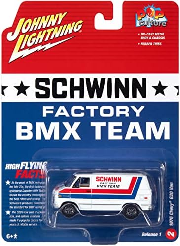 1976 Chevy G20 Van White W/Stripes Schwinn Factory BMX Team Pop Culter 2023 Release 1 1/64 Diecast Model Car од nyони Молња JLPC011-JLSP311