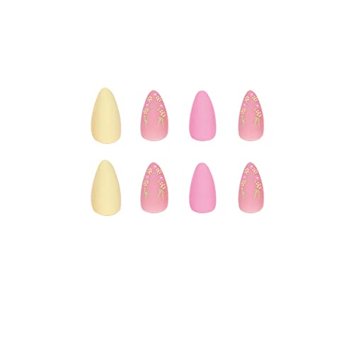 Бадем лажни нокти долги одвојливи лепак за целосна покривка вклучува лето жолто розово француски печат на нокти 24 парчиња совети