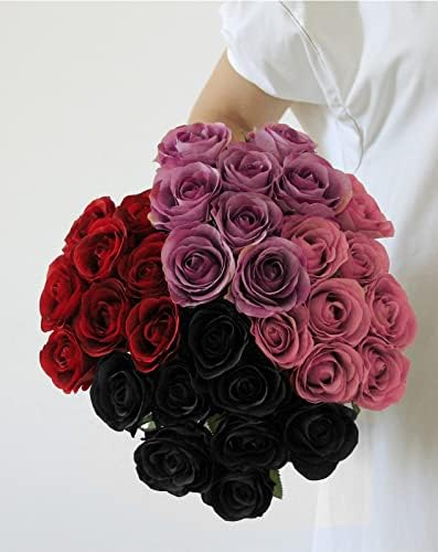 Хананона Вештачки Рози Цвеќиња За Цветен Аранжман, 12 Парчиња Свила Црна Роза Букет За Домашна Декорација, Вештачки Рози За Забави