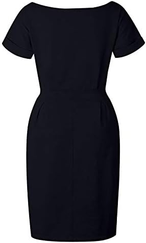 В-врат цврста боја миди фустан за жени со краток ракав врзана половината за обвивка, облечен фустан за спојување