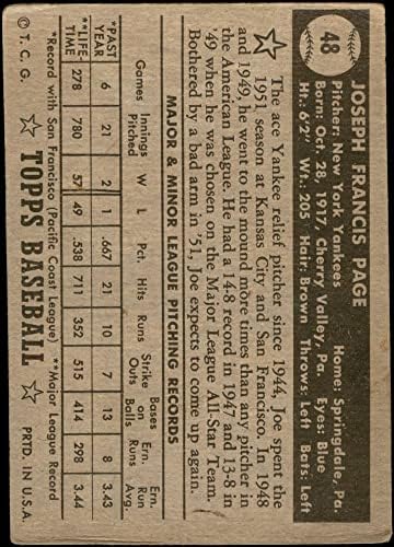 1952 Топс редовна бејзбол картичка48 oeо Пејџ Кор на Yorkујорк Јанки одделение добро