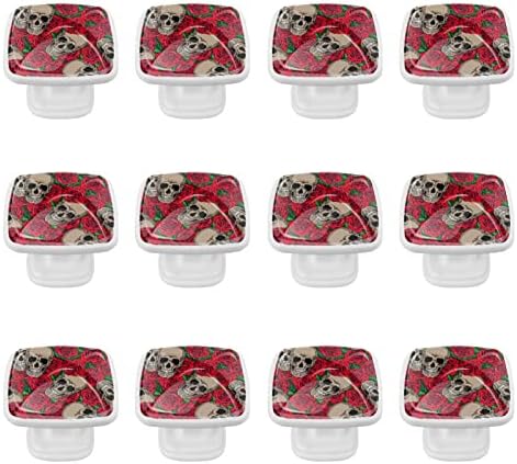 Tbouobt 12 пакувања на кујнските кабинети копчиња влечење, копчиња за фиоки за модерен плакарот за мебел, шеќер череп цвеќиња црвена