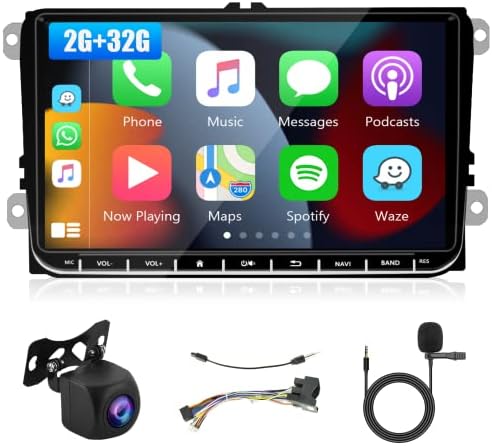 Podofo 2G+32G Android Автомобил Стерео Радио Безжичен Carplay Android Auto ЗА VW Passat Jetta Golf MK5 MK6, 9 инчен Екран На Допир Со Bluetooth GPS Навигација WiFi HiFi FM/RDS Usb Резервна Камера