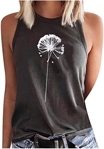 Резервоар врвот за жени Симпатична глуварче графички маички обични летни врвови без ракави, екипаж, лабава вклопена вежба за вежбање мускулатура