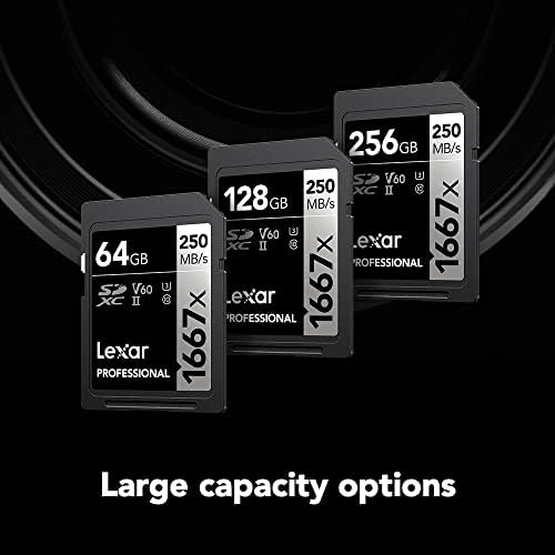 Lexar Professional 1667X 64GB SDXC UHS-II мемориски картички, C10, U3, V60, Video Full-HD & 4K, прочитајте до 250MB/s, за професионален фотограф,