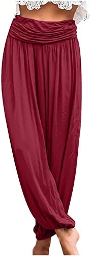 lcepcy скриј стомак високи половини со плетенка панталони за жени лабави обични дневни панталони со цврста боја на лесни бои