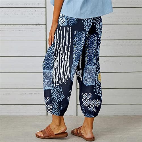 Женски памучни постелнини панталони Еластични високи половини, буги џемпери за џебови, летни панталони цврсти панталони