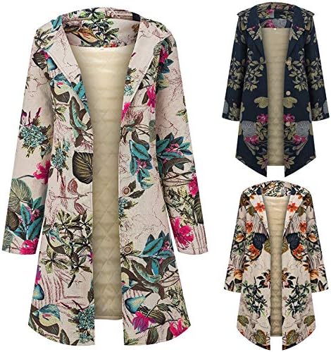 Andongnywell дами топла надворешна облека цветна печатена качулка со гроздобер палта со долги ракави за печатење на качулка со аспиратор