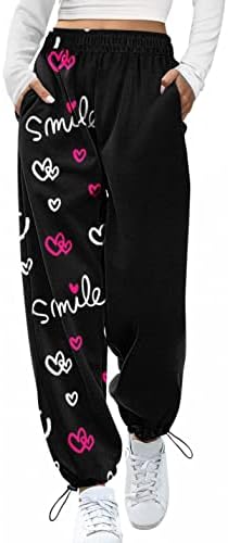 Женски јога џемпери лабави вклопени loveубовни срцеви печатени тренинзи џогери панталони удобни дневни панталони панталони со џебови