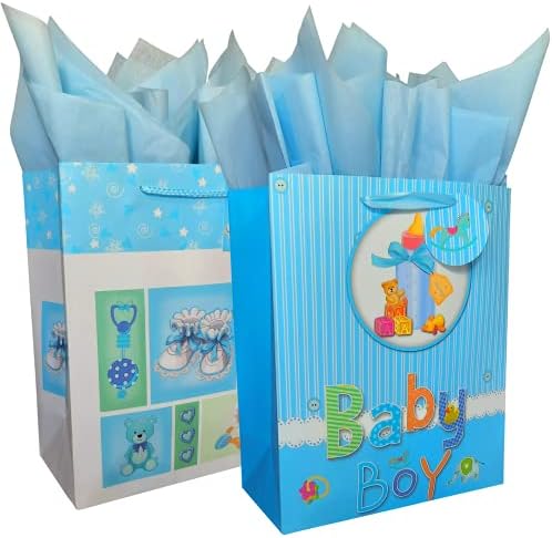 Торба За Подароци Од торба Со Вклучена Ткивна Хартија, Бебе Момче, Големо, 2 Пакувања, Сино