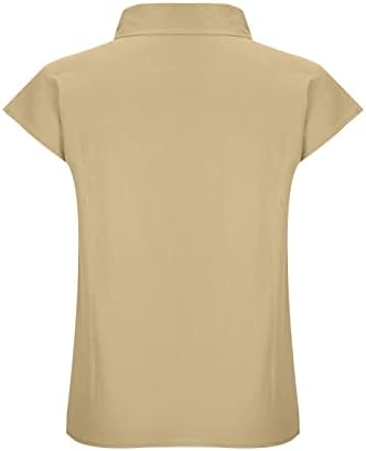 Летна постелнина кошула за жени елегантно ретро копче надолу блузи врвови, исмејувачки врат Туника врвови цврста боја лабава блуза