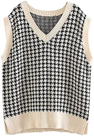 2022 џемпер елек жени обични симпатични симпатични houndstooth v вратот мода y2k врвови графички маички кошули удобни резервоари
