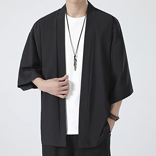 Xxbr Јапонски кимоно кардиган за мажи, лабава отворена предна 3/4 ракав лесна ukiyoe цврста боја јакна обична наметка