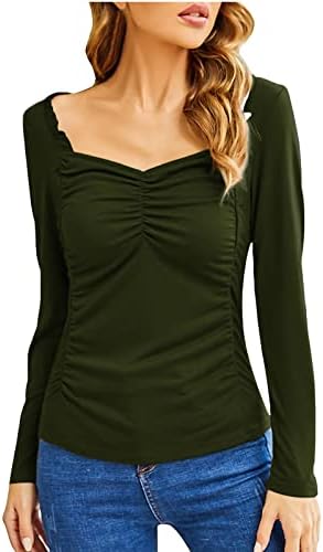 Обични врвови на женски долги ракави тенок плетенка квадратна врата блуза мека удобна пулвер еластична туника за хеланки маица